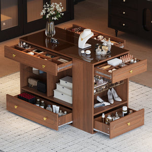 English Elm Closet Elegant walk-in island with glass display top, 6 drawers and open shelves for organized storage Walnut 39.76 L x 17.32 W x 12.2 H N733S304513D