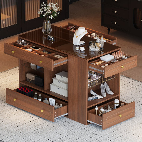 English Elm Closet Elegant walk-in island with glass display top, 6 drawers and open shelves for organized storage Walnut 39.76 L x 17.32 W x 12.2 H N733S304513D
