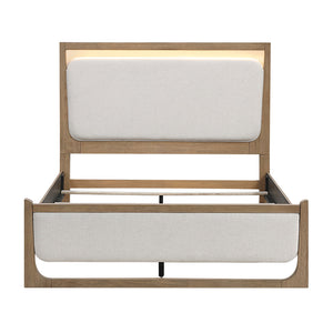 English Elm 1pc Modern Upholstered Queen Bed with Hickory Veneer, Touch LED Headboard, Plush Contemporary Design Light Brown 67.5 L x 39.5 W x 5.5 H B011S01821
