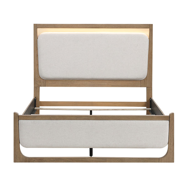 English Elm 1pc Modern Upholstered Queen Bed with Hickory Veneer, Touch LED Headboard, Plush Contemporary Design Light Brown 67.5 L x 39.5 W x 5.5 H B011S01821