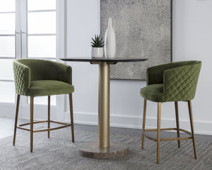 Sunpan CORNELLA Counter Stool - Elegant Meg Olive Upholstery with Diamond Stitching & Antique Brass Frame 109863