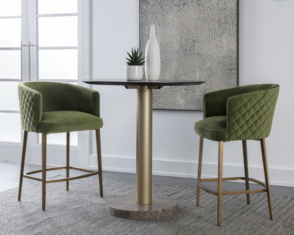 Sunpan CORNELLA Counter Stool - Elegant Meg Olive Upholstery with Diamond Stitching & Antique Brass Frame 109863