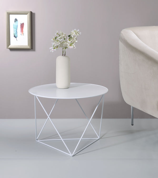 English Elm Epidia Lightweight White Metal Accent Table with Round Top & Triangle Legs – Modern Display Utility B2726P243242