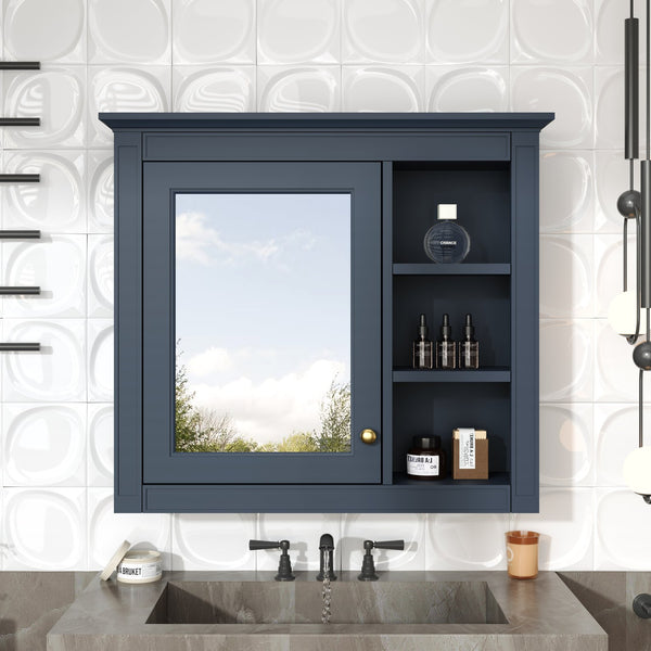 English Elm 30'' Modern Medicine Cabinet Wall Mirror with Hidden Storage and Adjustable Open Shelves for Bath Blue WF318452AAC