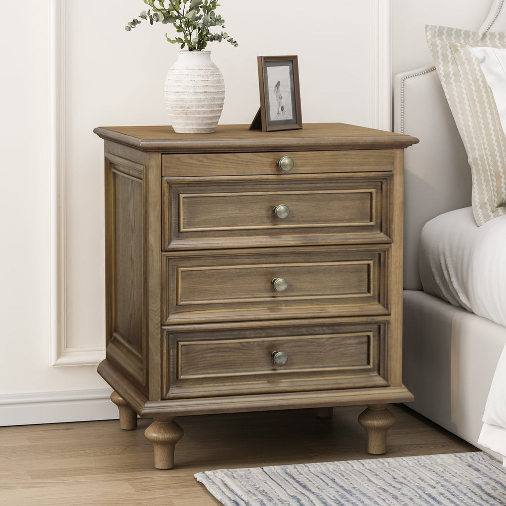 English Elm Farmhouse Nightstand Pine Wood Four Drawer Storage with Pull Out Tray Gourd Legs Light Brown W1716P399639
