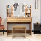 English Elm Vanity Desk Set Stool & Dressing Table With Led Lighting Mirror Drawer and Compartments Modern Wood Cosmetic Table Chest Of Drawers Nature Color