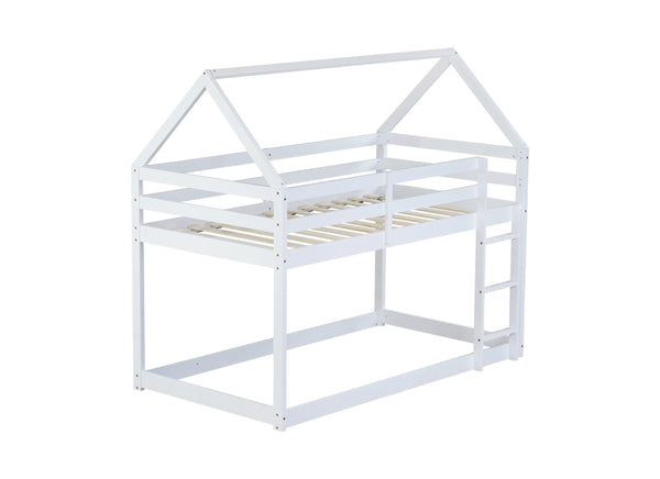 English Elm Twin Rubber Wood Floor Bunk Bed House-Shaped Design with Ladder Guardrails Sturdy Low-Profile Retreat White W504P206864