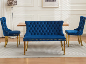 English Elm Velvet Wingback Dining Bench Tufted Two Seat Mid Century Modern Brushed Steel Base Blue W1143P406979