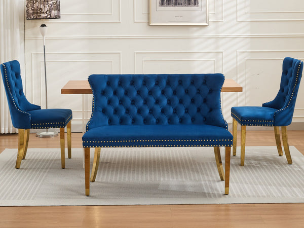 English Elm Velvet Wingback Dining Bench Tufted Two Seat Mid Century Modern Brushed Steel Base Blue W1143P406979