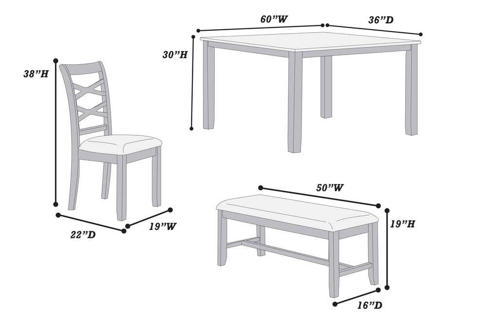 English Elm Dining 6pc Charcoal Dining Set with Bench & 4 X‑Back Cushioned Chairs, Rubberwood Rectangular Table B011S01923
