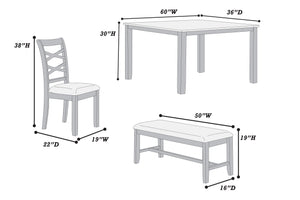 English Elm Dining 6pc Charcoal Dining Set with Bench & 4 X‑Back Cushioned Chairs, Rubberwood Rectangular Table B011S01923