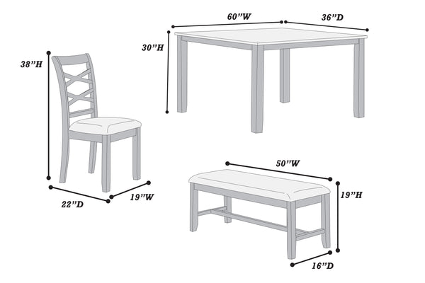 English Elm Dining 6pc Charcoal Dining Set with Bench & 4 X‑Back Cushioned Chairs, Rubberwood Rectangular Table B011S01923