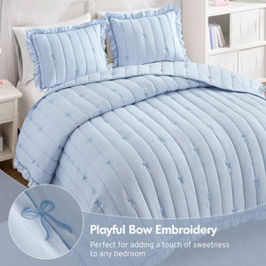 English Elm 3-piece Reversible Microfiber Quilt Set Bow Embroidery Ruffled Trim Romantic Bedroom Blue B035P482883