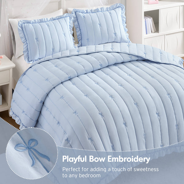 English Elm 3-piece Reversible Microfiber Quilt Set Bow Embroidery Ruffled Trim Romantic Bedroom Blue B035P482883