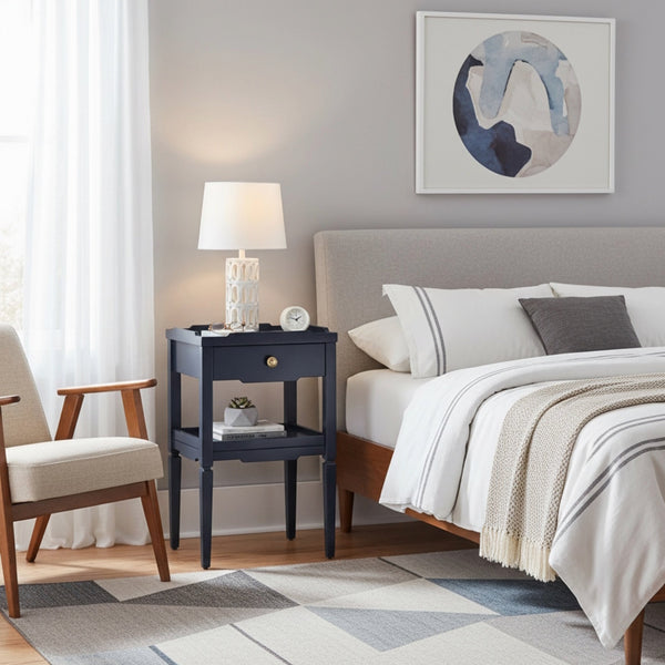 English Elm Foley Midnight Blue 1-Drawer Nightstand with Gold Pull, Tapered Legs, Lower Shelf & Smooth Glides B050P376967