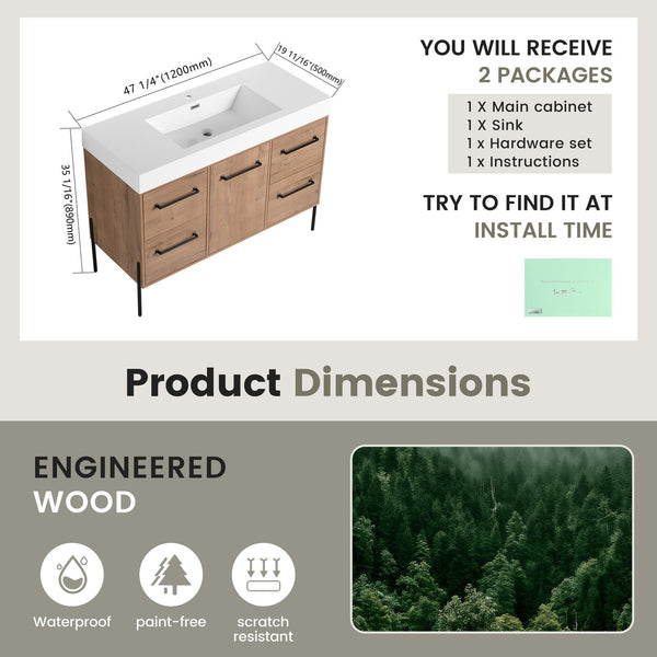 English Elm 48" Floating Bathroom Vanity Dual Ceramic Vessel Sinks Oak Finish Soft Close Doors W999S00527