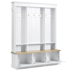 English Elm Farmhouse Hall Tree with Triple Arch Back Panel Eight Hooks Drawers and Entryway Bench White N721S000062K