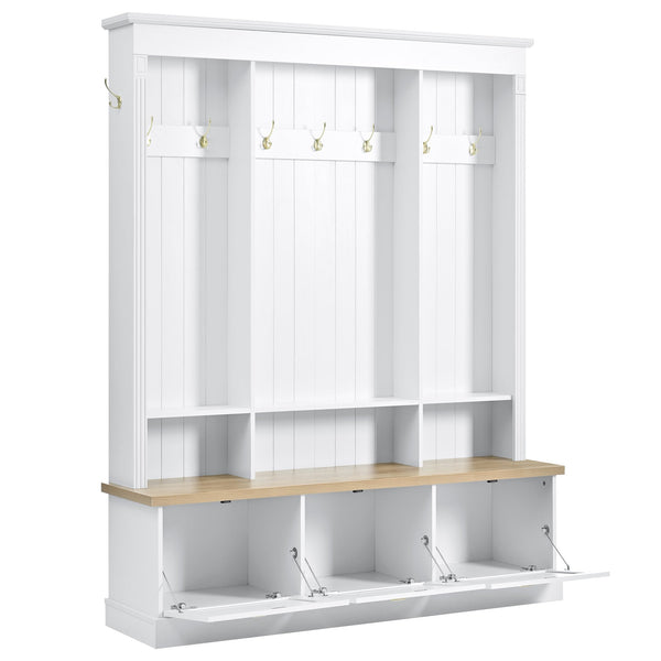 English Elm Farmhouse Hall Tree with Triple Arch Back Panel Eight Hooks Drawers and Entryway Bench White N721S000062K