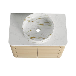 English Elm 30'' Wall-Mounted Bathroom Vanity With Elegant Ceramic Sink, Soft-Close Doors & Space-Saving Design W999S00464
