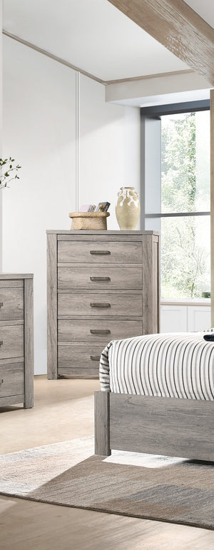 English Elm Bedroom Rustic Light Grey 5-Drawer Chest of Drawers — Compact Pine Storage Cabinet, Simple Stylish Design B011P236771