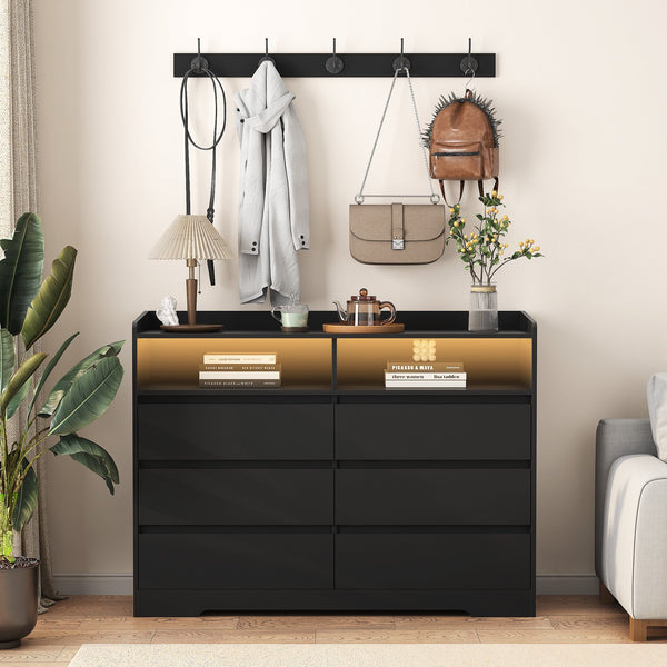 English Elm Living Room Sideboard Storage Cabinet Black with 6 Drawers, RGB Light Strip, Sturdy MDF Design W1321P288794