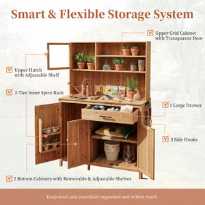 English Elm (with Hutch) Topamx Solid Fir Potting Bench Patio Workstation Spice Rack Drawer Natural N717P404330A