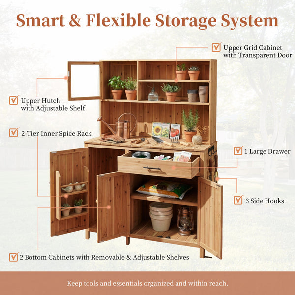 English Elm (with Hutch) Topamx Solid Fir Potting Bench Patio Workstation Spice Rack Drawer Natural N717P404330A
