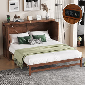 English Elm Murphy Cabinet Queen Bed Solid Pine Frame with Built-in Charging Station for Guest Rooms Walnut W504S00165