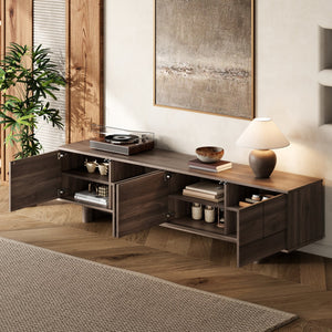 English Elm 78 Inch Low Profile Media Console with Pine Legs Soft Close Doors for Living Room N710P429519Q