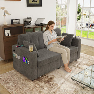 English Elm Sofas for Living Room Chenille Three Seat Couch with Usb Charging Storage and Cup Holder Gray W395S00143