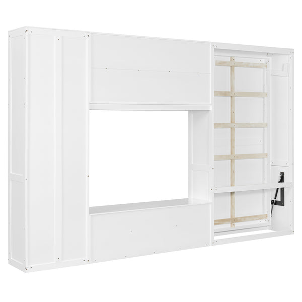 English Elm Twin Murphy Wall Bed with Integrated Tv Stand Open Shelving and Cabinet Storage LP000768AAK