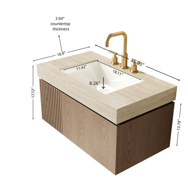 English Elm Muri Floating Bathroom Vanity with Sintered Stone Top and Plywood Cabinet W2615S00617