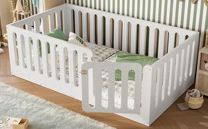 English Elm Twin Solid Pine Montessori Floor Bed with House Frame Door and Safety Fence Light White W5305P420632