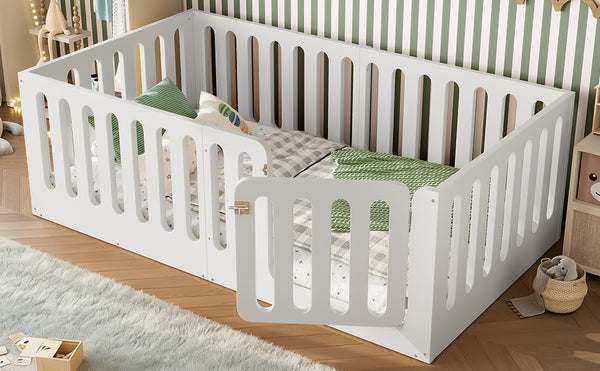 English Elm Twin Solid Pine Montessori Floor Bed with House Frame Door and Safety Fence Light White W5305P420632