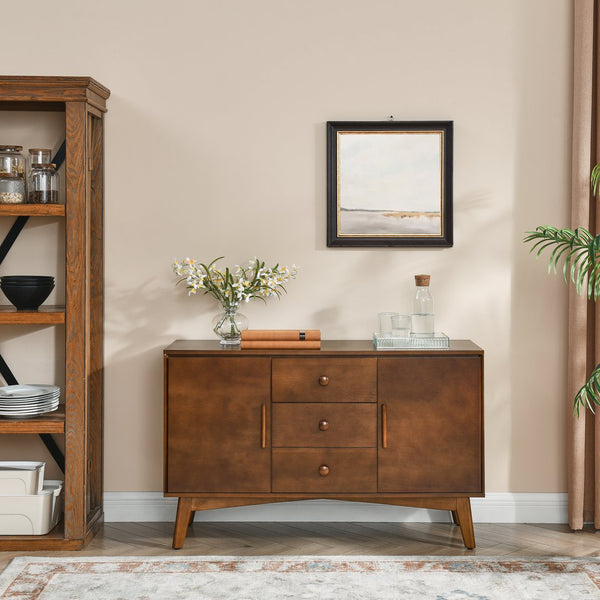English Elm 47.3" Mid Century Modern Sideboard Buffet with 2 Doors 3 Drawers Walnut — Spacious Storage, Solid Wood Base, Stylish Console Table W1801P195696