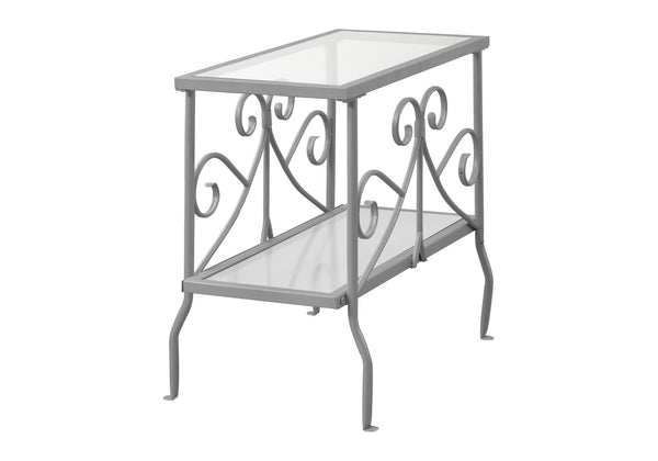 English Elm Accent Table Elegant Scroll Metal Frame with Two Tempered Glass Surfaces for Living Room Décor, Versatile End Nightstand 24x12x22 inches Silver 26 L x 26 W x 5 H B2710P219192