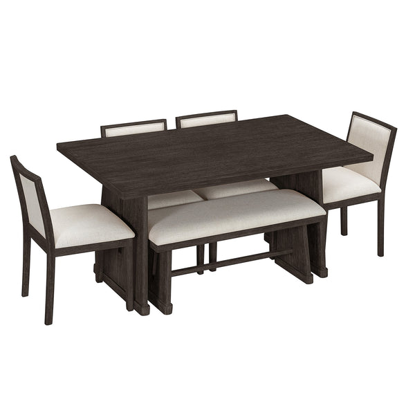 English Elm Trexm Six Piece Farmhouse Dining Set Wire Brushed Oak Veneer Table Linen Chairs Bench Espresso ST000155AAP