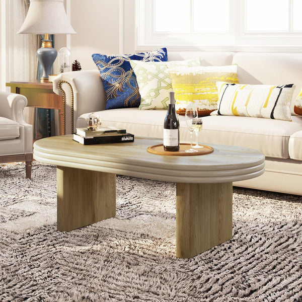 English Elm Mid Century Modern Oval Fluted Coffee Table with Wood Veneer for Living Room Natural W757P370240