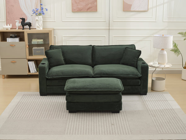 English Elm L Shape Sofa Couch With Usb Port & Cup Holder - Green Corduroy 2-Seater Sectional & Footstool W2100S00137