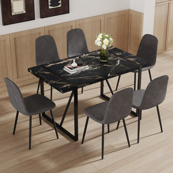 English Elm Table Modern Black Marble Dining Set With 6 Dark Gray Chairs - Stylish, Durable, Perfect For Any Space W1151S03839-GIGA