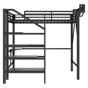 English Elm Full Size Metal Loft Bed with Foldable Desk Staircase Storage and Led Lighting W2580S00072