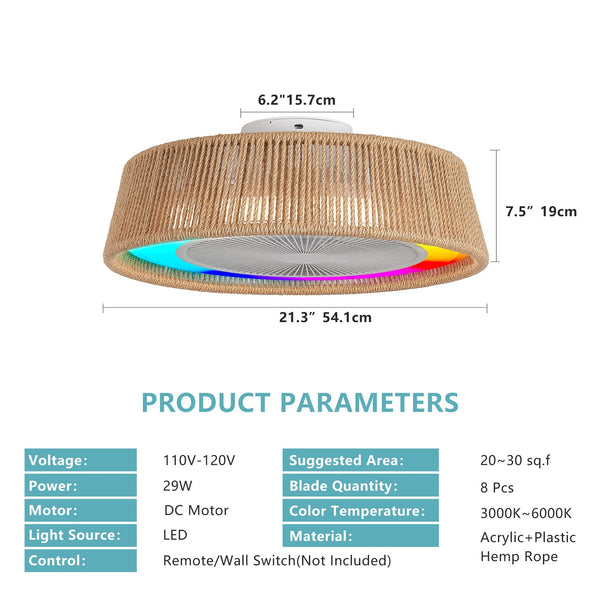 English Elm 21" Modern Rustic Ceiling Fan Light with Rope Woven Shade, LED RGB Dimmable, Quiet DC Motor, Remote Control W1340P246413