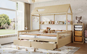 English Elm Double Twin House Bed Pine Wood Frame Kids Playhouse Bunk with Storage Drawers Natural W5305S00007