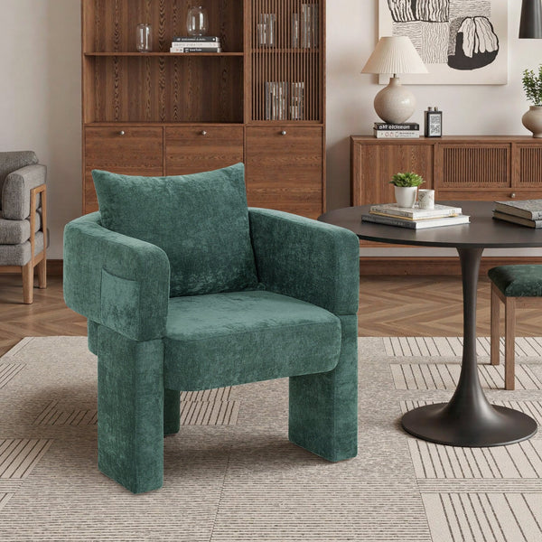 English Elm Modern Chenille 3-Leg Dining Chair with Ergonomic Arms and Removable Pillow, Supportive Comfy Accent Seating for Small Spaces Dark Green 31.5 L x 27.76 W x 15.16 H W1716P280600