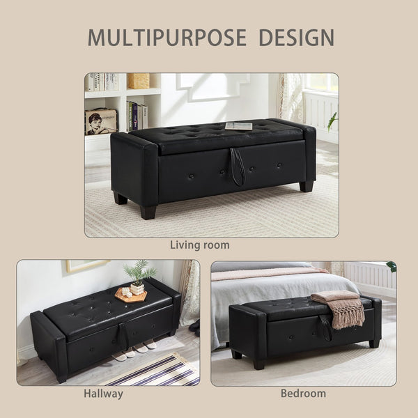 English Elm 48" Storage Ottoman Bench with Tufted Faux Leather Upholstery, Solid Wood Frame & 300lb Capacity Black W1097P338776