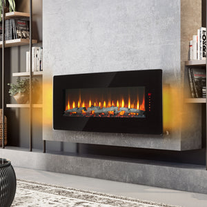English Elm 48 Inch Curved Wall Mounted Electric Fireplace with Multi Color Flame Ember Bed W1769P199008
