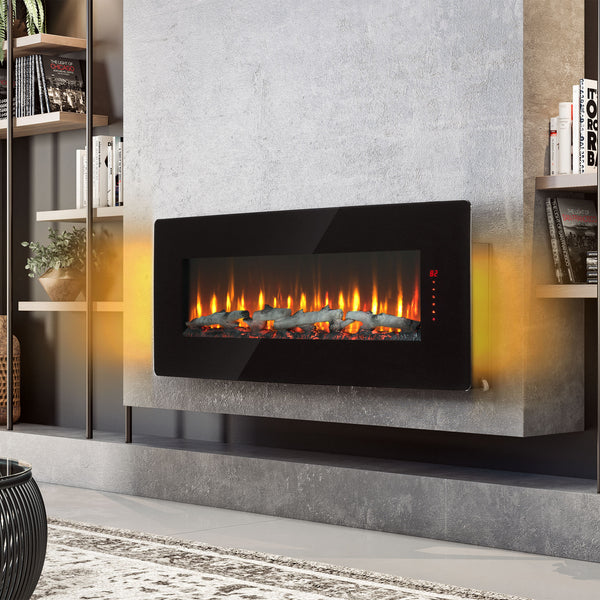 English Elm 48 Inch Curved Wall Mounted Electric Fireplace with Multi Color Flame Ember Bed W1769P199008