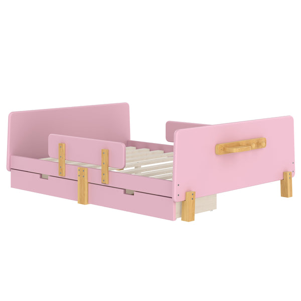 English Elm Twin Low Profile Kids Floor Bed Pine Wood Frame with Safety Rail and Built in Bookshelf Pink W1580P373245