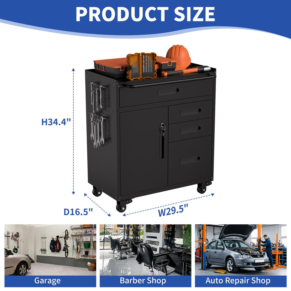 English Elm 34.3" Rolling Steel Tool Cabinet with 3 Drawers Lockable Doors and Pegboard Side Panels T2398P442674