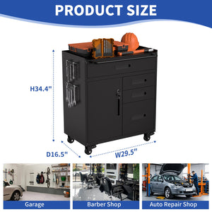 English Elm 34.3" Rolling Steel Tool Cabinet with 3 Drawers Lockable Doors and Pegboard Side Panels T2398P442674
